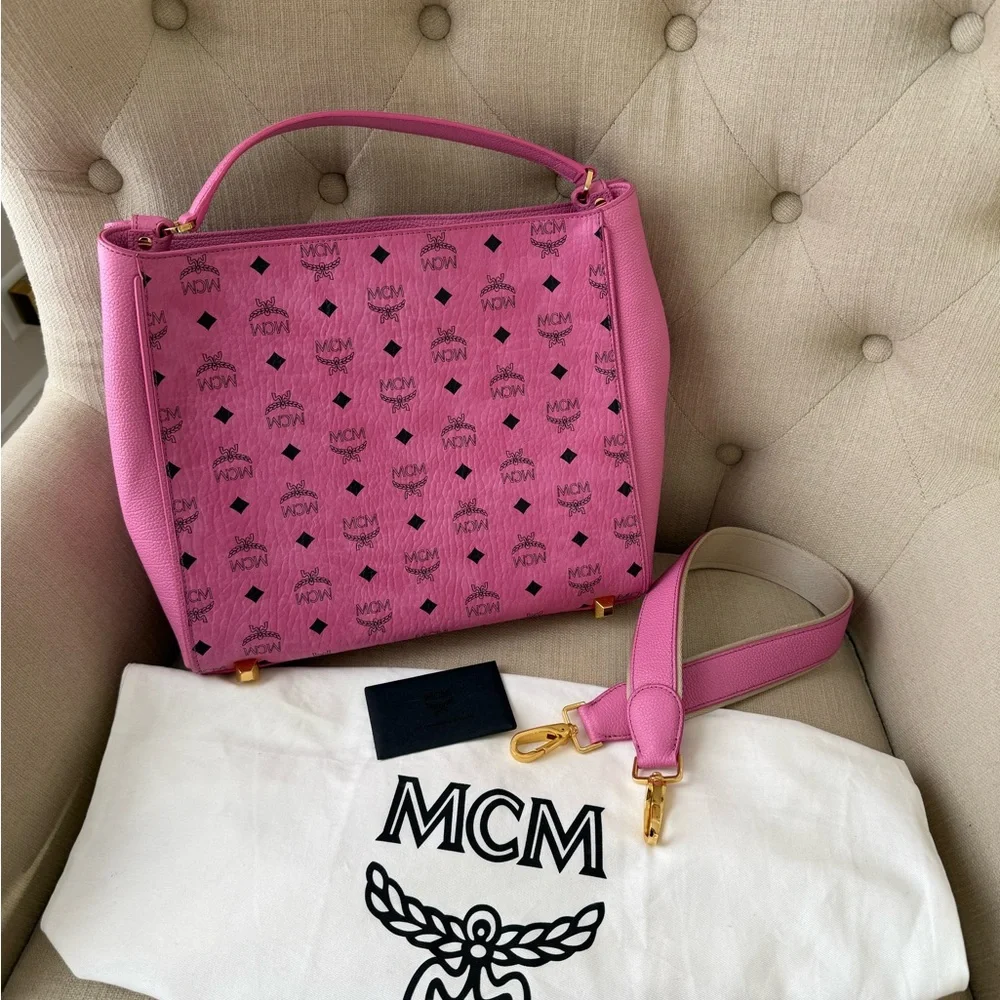 MCM Pink Visetos Structured Top Handle Satchel Like New - Picture 11 of 14